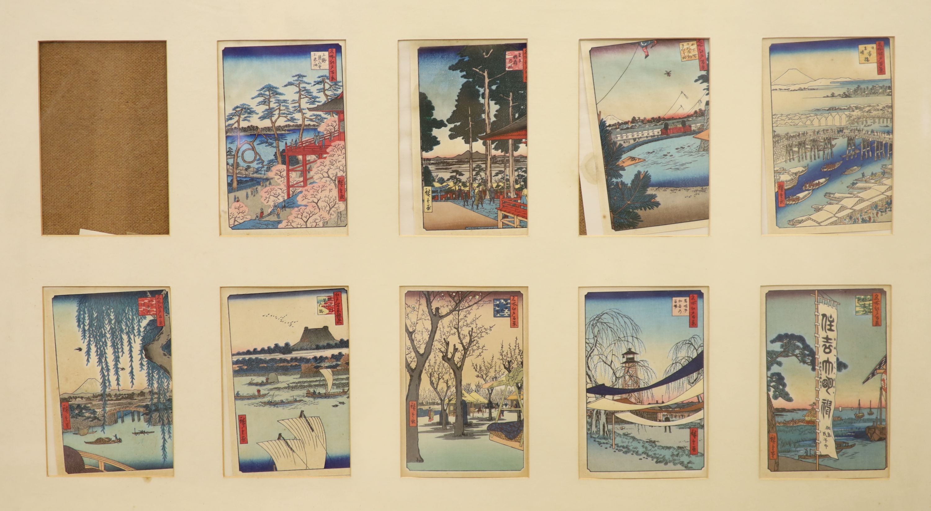 Hiroshige, set of twenty woodblock prints, Scenes from views along the Tokaido Road, 15 x 10cm, framed as two